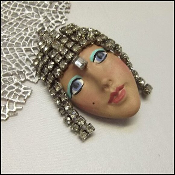1950s Art Deco Flapper Lady Bisque Porcelain Vintage Face Brooch - Picture 4 of 7